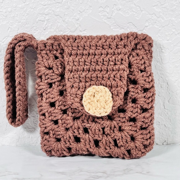 Hand Crafted Handbags - Brown Crochet Wristlet